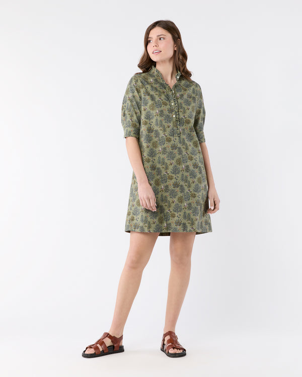 sid mashburn Elbow-Sleeve Frill Dress in Olive/Multi Forest Printed Twill