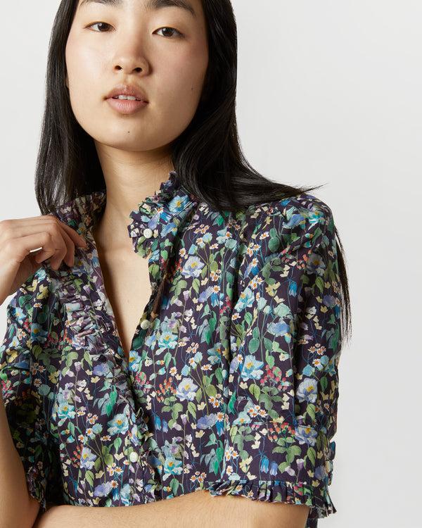 Sid Mashburn Elbow-Sleeved Frill Dress In Navy/Multi Fairytale Forest Liberty Fabri