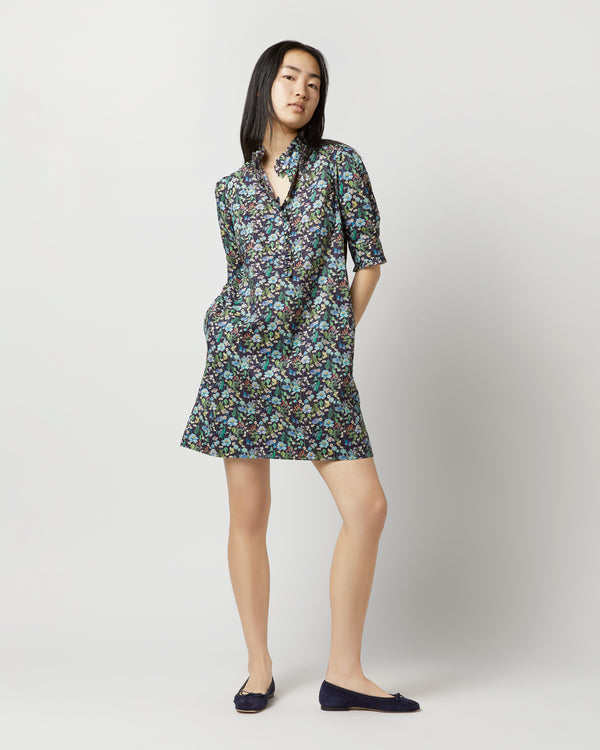 Sid Mashburn Elbow-Sleeved Frill Dress In Navy/Multi Fairytale Forest Liberty Fabri