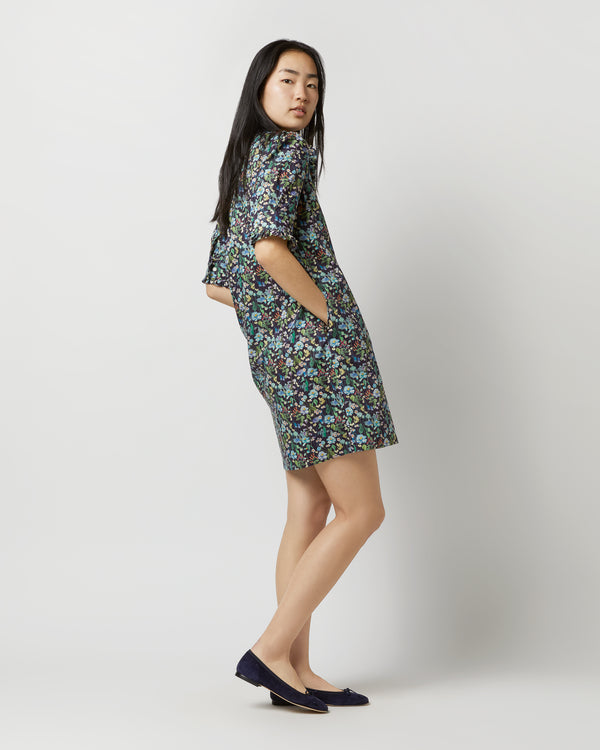 Sid Mashburn Elbow-Sleeved Frill Dress In Navy/Multi Fairytale Forest Liberty Fabri