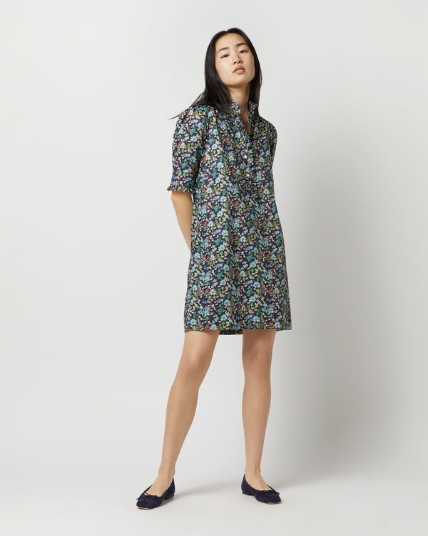 sid mashburn Elbow-Sleeved Frill Dress in Navy/Multi Fairytale Forest Liberty Fabri