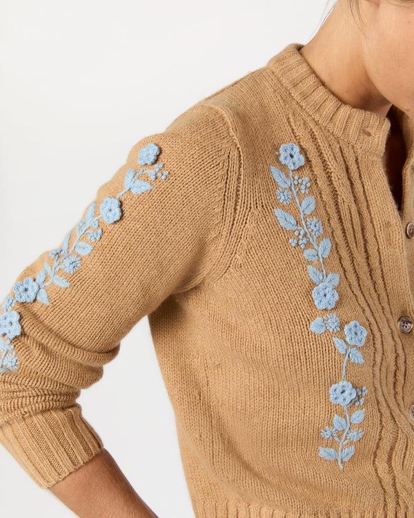 Sid Mashburn Ellen Cardigan In Camel/Misty Blue Wool/Cotton