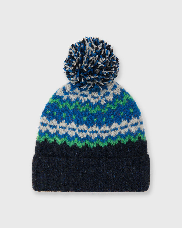 sid mashburn Fair Isle Pom-Pom Beanie in Indigo Donegal Multi Cashmere