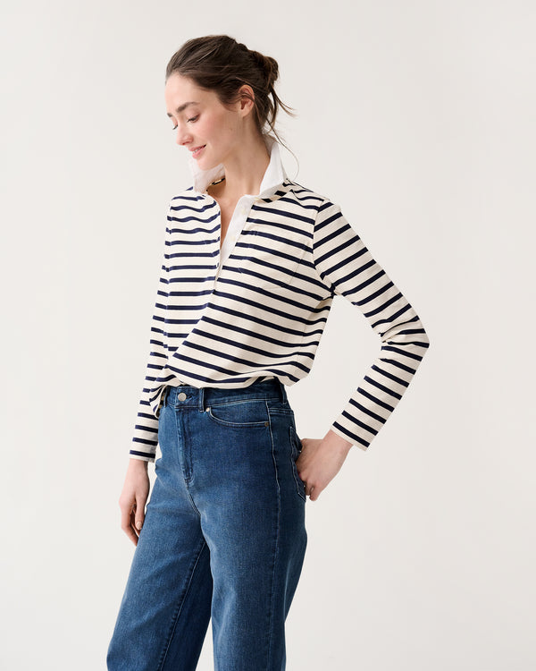 Sid Mashburn Franny Rugby Polo In Ivory/Navy Heavy Jersey