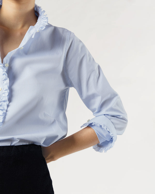 Sid Mashburn Frill Shirt In Sky Pencil Stripe Poplin