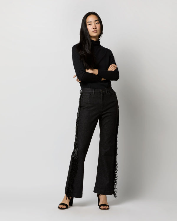 sid mashburn Fringed Kendall Flare 5-Pocket Jean in Black Stretch Denim