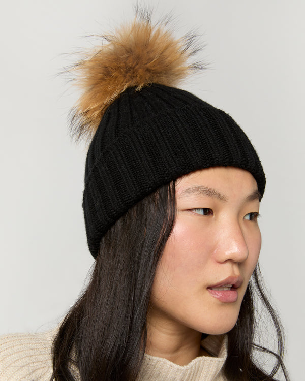 Sid Mashburn Fur Pom-Pom Beanie In Black Extra Fine Merino