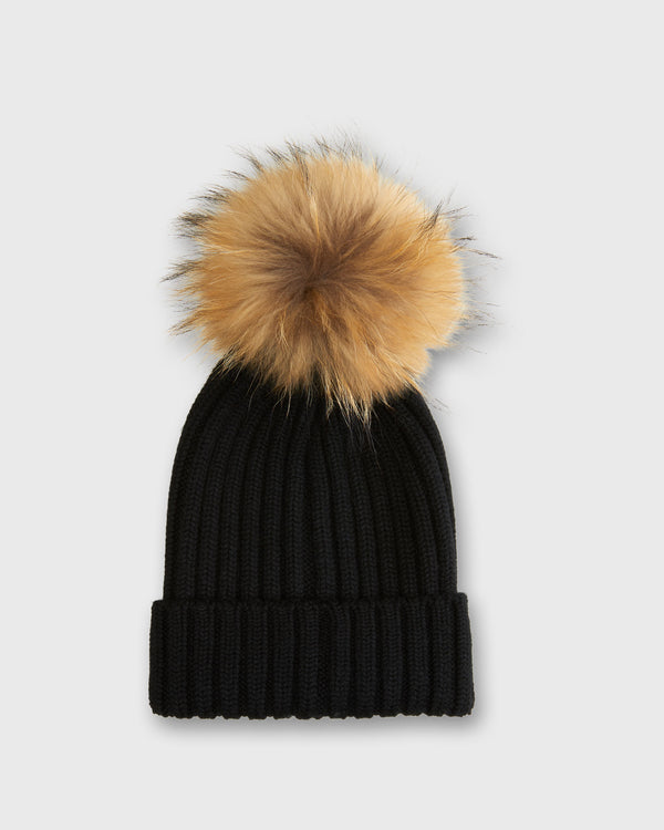 sid mashburn Fur Pom-Pom Beanie in Black Extra Fine Merino