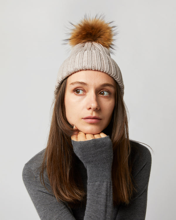 Sid Mashburn Fur Pom-Pom Beanie In Heather Stone Merino Wool