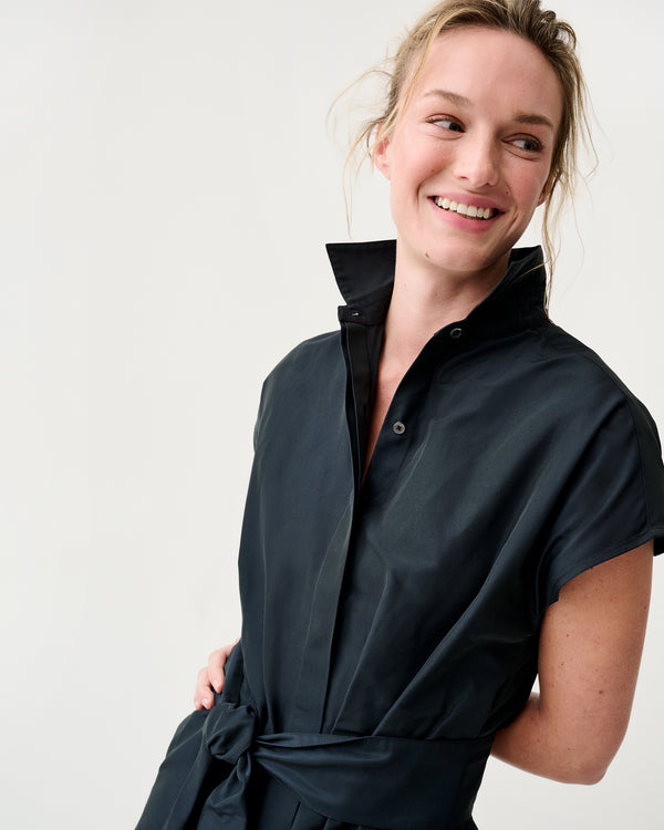 Sid Mashburn Gianna Maxi Collared Shirtdress In Navy Nylon Faille