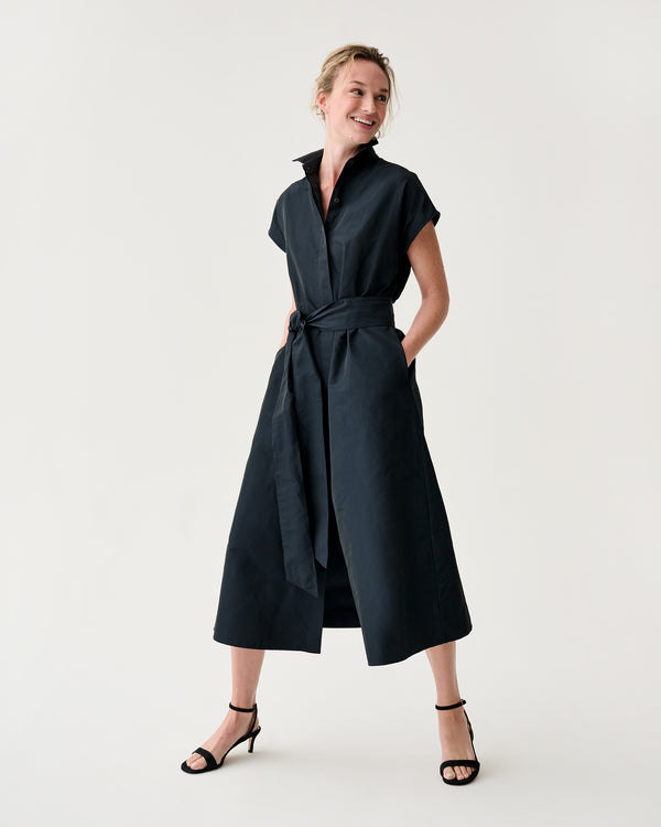 Sid Mashburn Gianna Maxi Collared Shirtdress In Navy Nylon Faille