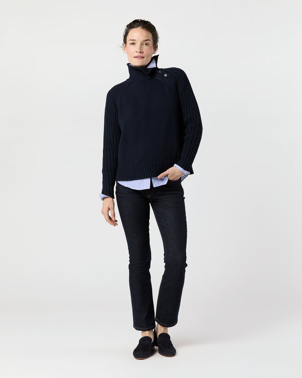 Sid Mashburn Ines Side Funnel-Neck Sweater In Navy Cotton Tape Yarn