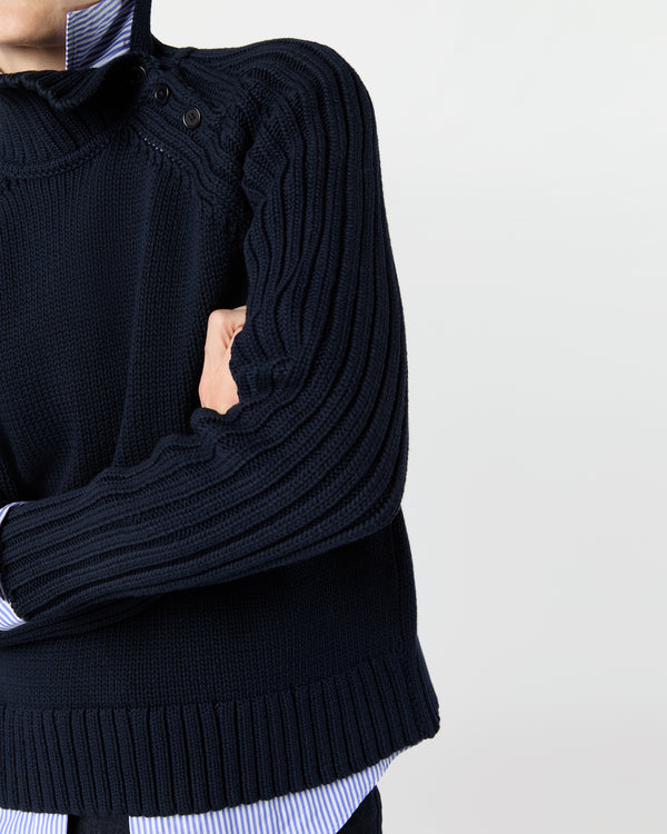Sid Mashburn Ines Side Funnel-Neck Sweater In Navy Cotton Tape Yarn