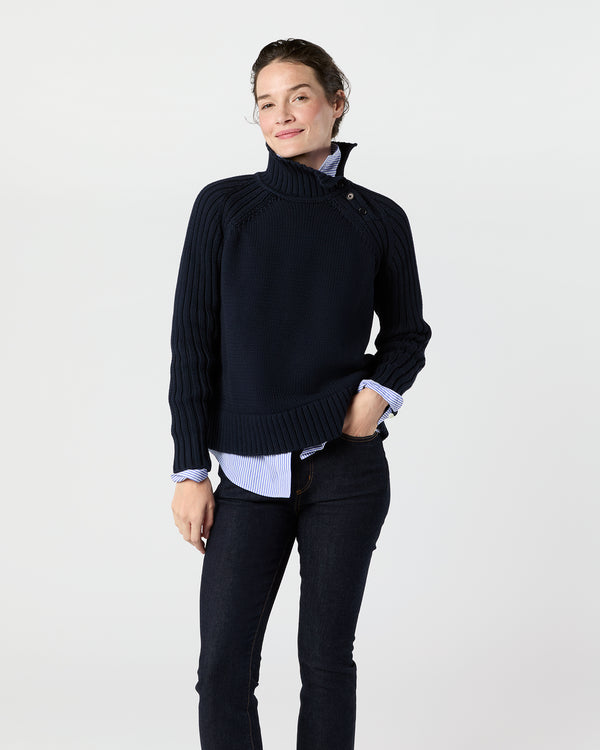 sid mashburn Ines Side Funnel-Neck Sweater in Navy Cotton Tape Yarn