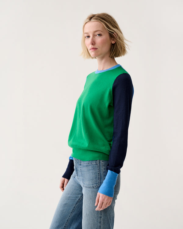 Sid Mashburn Kit Crewneck Sweater In French Blue/Green/Navy Colorblock Fine Gauge C