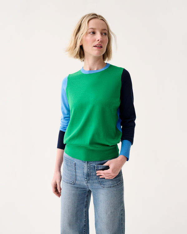sid mashburn Kit Crewneck Sweater in French Blue/Green/Navy Colorblock Fine Gauge C