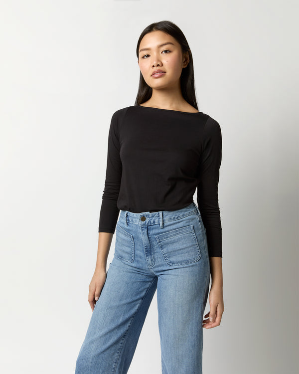 Sid Mashburn Long-Sleeved Boatneck Tee In Black Pima Cotton