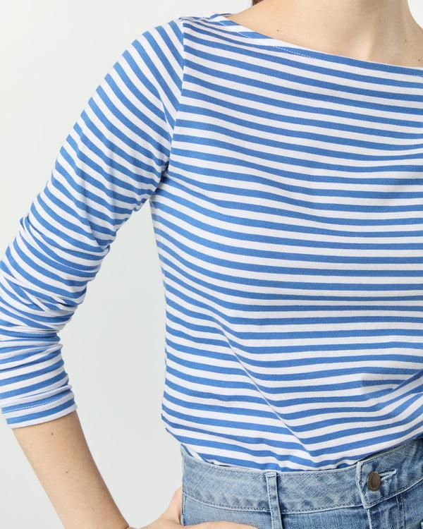 Sid Mashburn Long-Sleeved Boatneck Tee In Blue/White Stripe Pima Cotton