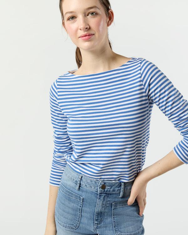 sid mashburn Long-Sleeved Boatneck Tee in Blue/White Stripe Pima Cotton