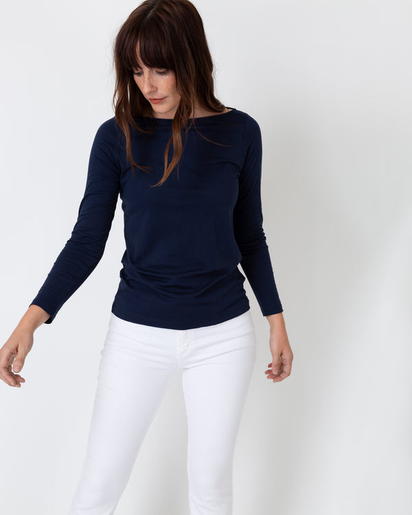 Sid Mashburn Long-Sleeved Boatneck Tee In Navy Pima Cotton