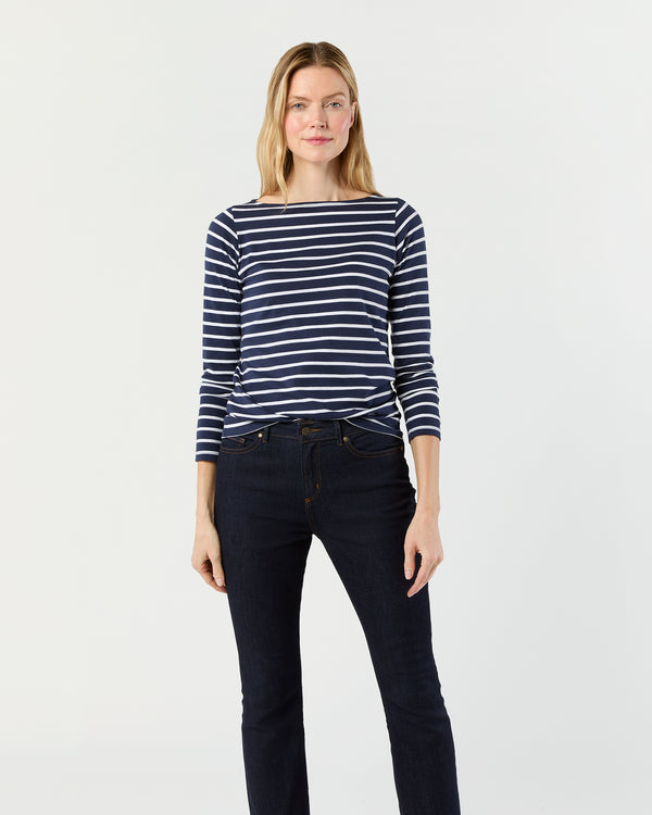 Sid Mashburn Long-Sleeved Boatneck Tee In Navy/White Stripe Pima Cotton