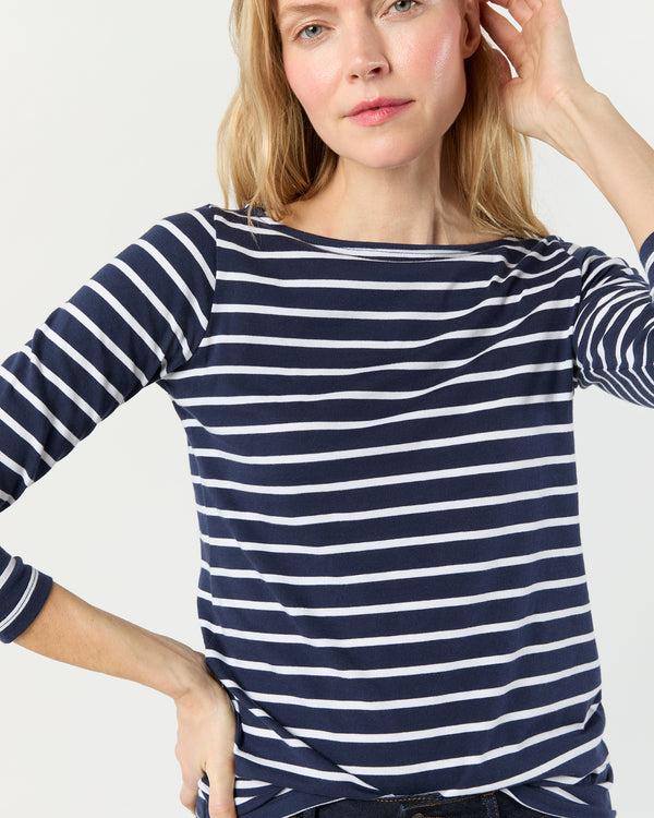 Sid Mashburn Long-Sleeved Boatneck Tee In Navy/White Stripe Pima Cotton