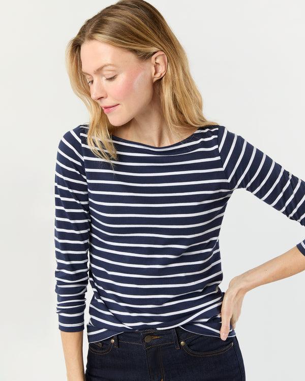 sid mashburn Long-Sleeved Boatneck Tee in Navy/White Stripe Pima Cotton