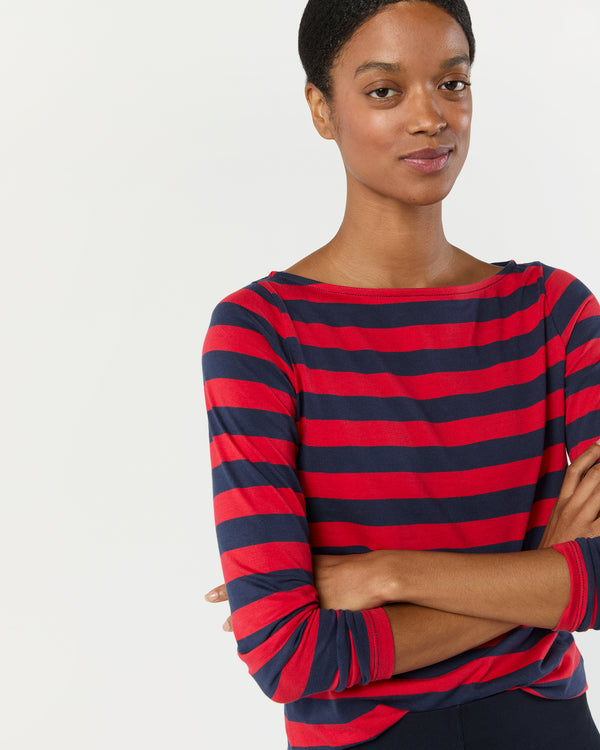 Sid Mashburn Long-Sleeved Boatneck Tee In Red/Navy Stripe Pima Cotton