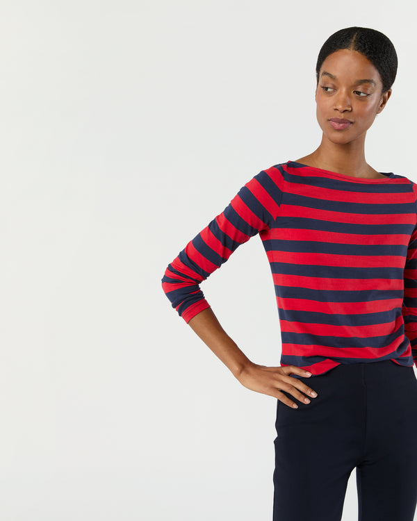 Sid Mashburn Long-Sleeved Boatneck Tee In Red/Navy Stripe Pima Cotton