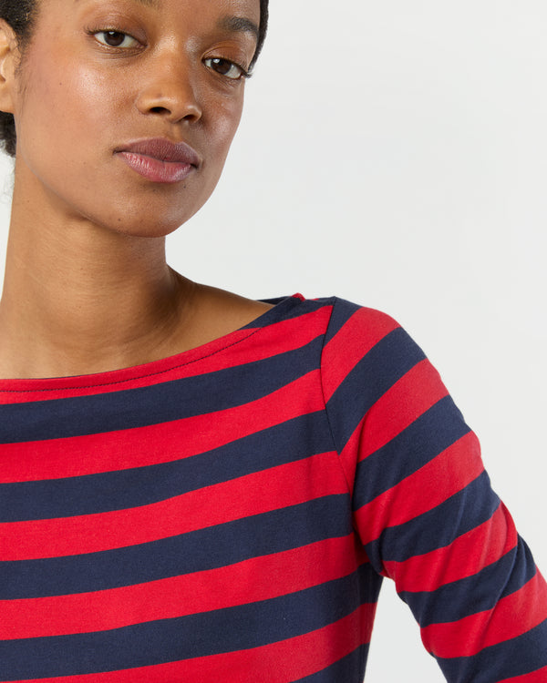 Sid Mashburn Long-Sleeved Boatneck Tee In Red/Navy Stripe Pima Cotton