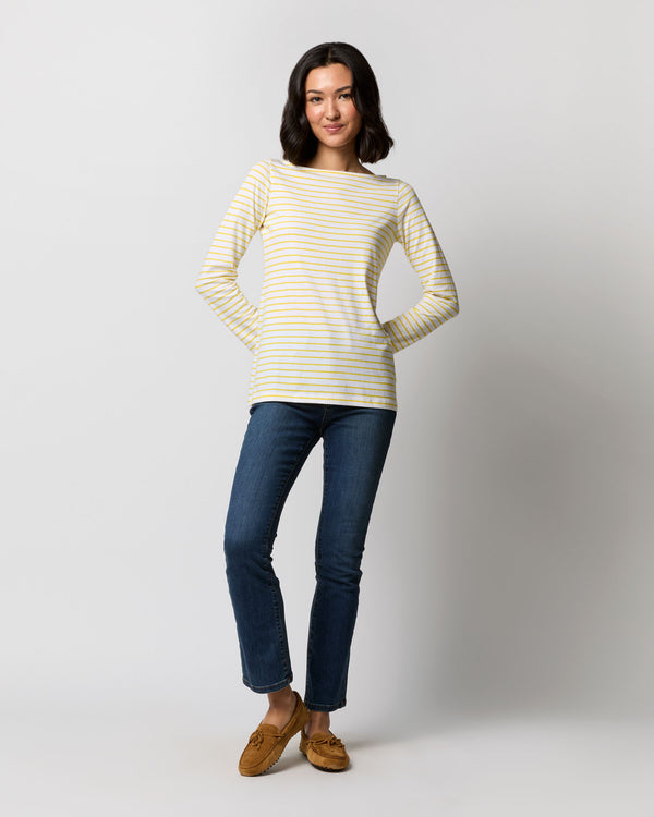 Sid Mashburn Long-Sleeved Boatneck Tee In White/Bright Yellow Stripe Jersey