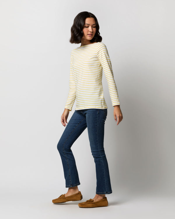 Sid Mashburn Long-Sleeved Boatneck Tee In White/Bright Yellow Stripe Jersey