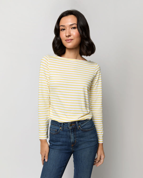 sid mashburn Long-Sleeved Boatneck Tee in White/Bright Yellow Stripe Jersey