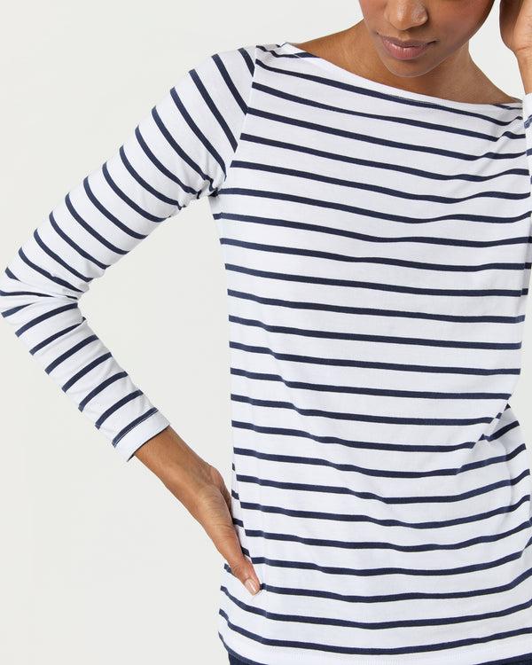 Sid Mashburn Long-Sleeved Boatneck Tee In White/Navy Stripe Pima Cotton