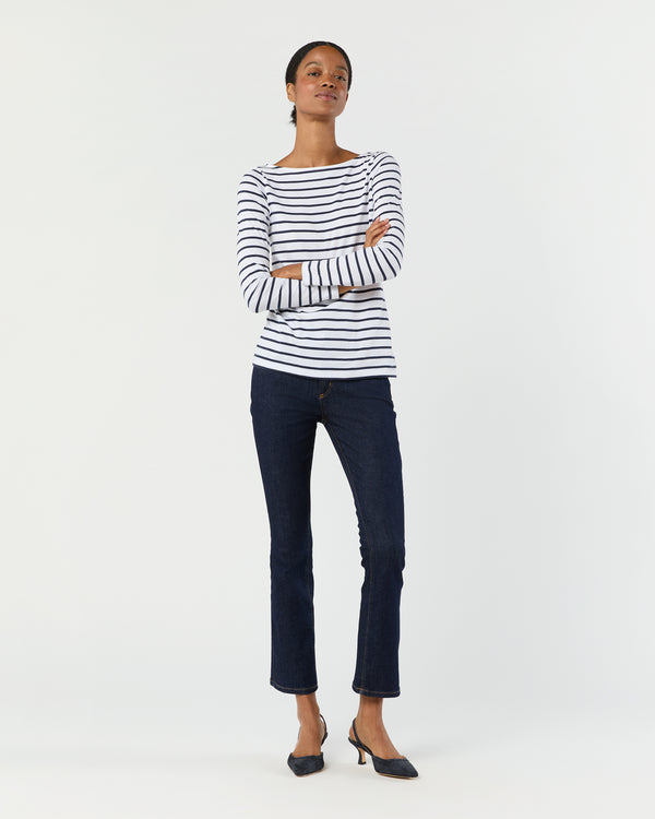 Sid Mashburn Long-Sleeved Boatneck Tee In White/Navy Stripe Pima Cotton