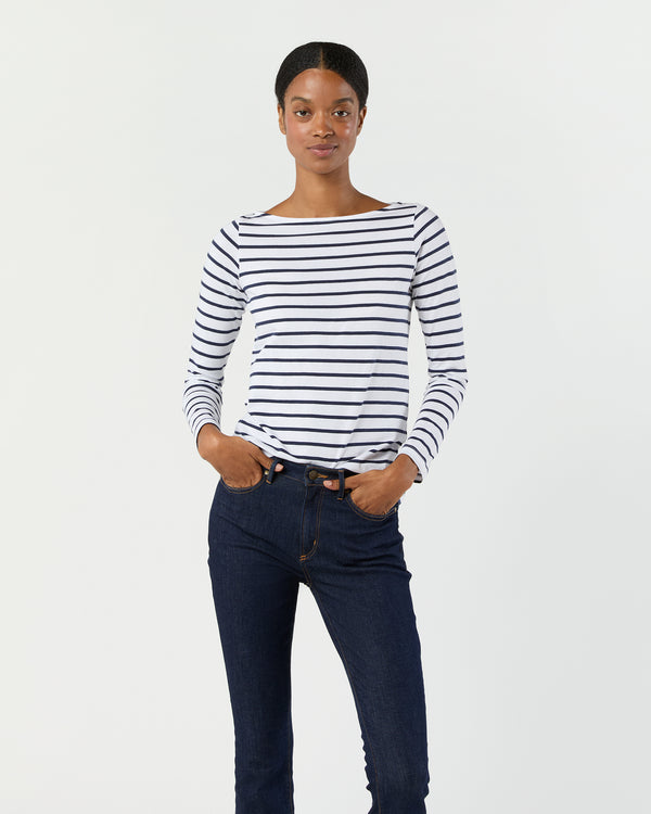 sid mashburn Long-Sleeved Boatneck Tee in White/Navy Stripe Pima Cotton