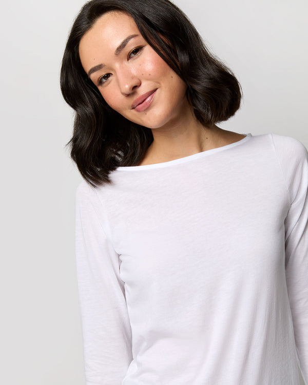 Sid Mashburn Long-Sleeved Boatneck Tee In White Pima Cotton