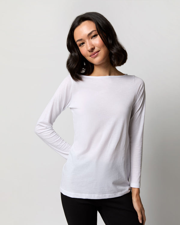 sid mashburn Long-Sleeved Boatneck Tee in White Pima Cotton