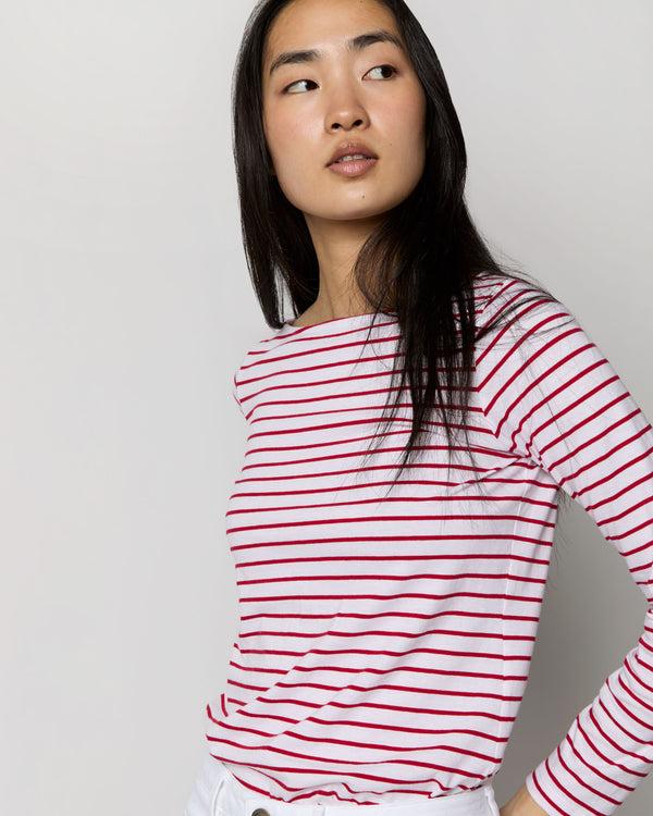 Sid Mashburn Long-Sleeved Boatneck Tee In White/Red Stripe Jersey