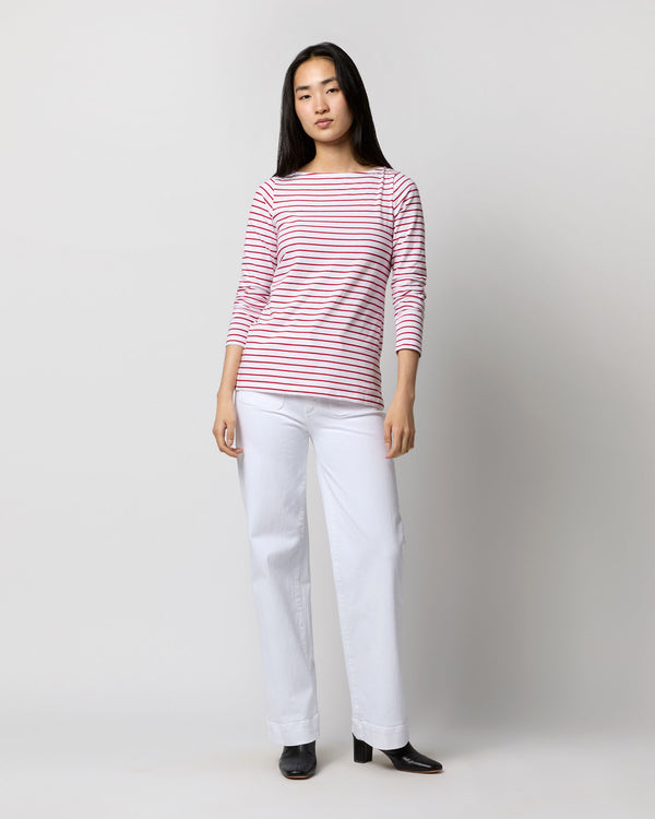 Sid Mashburn Long-Sleeved Boatneck Tee In White/Red Stripe Jersey