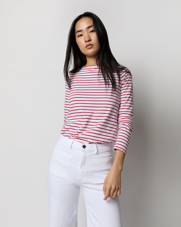 sid mashburn Long-Sleeved Boatneck Tee in White/Red Stripe Jersey