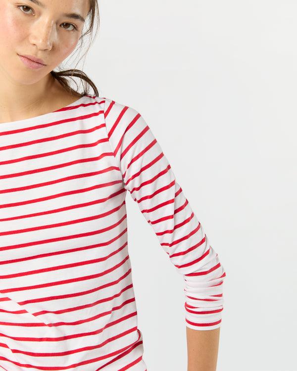 Sid Mashburn Long-Sleeved Boatneck Tee In White/Red Stripe Pima Cotton