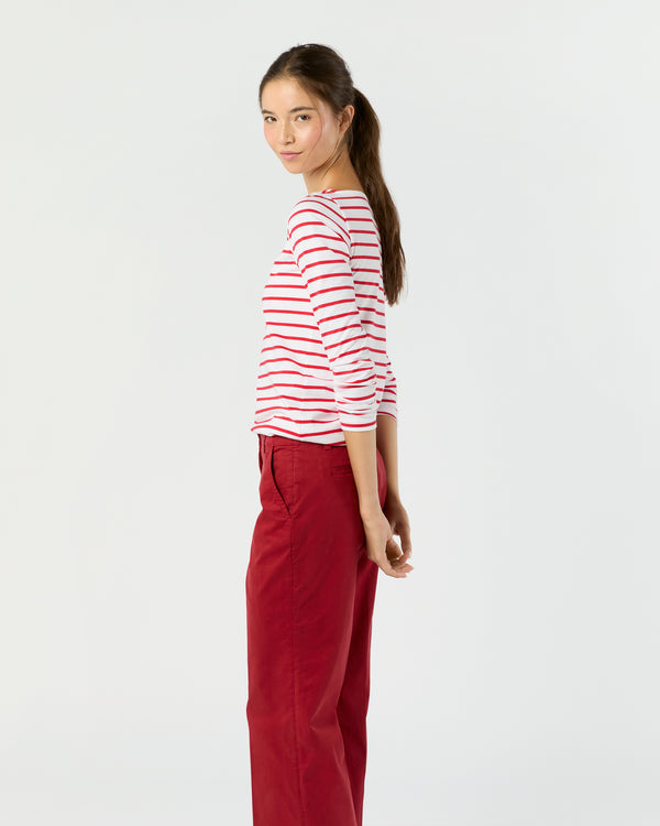 Sid Mashburn Long-Sleeved Boatneck Tee In White/Red Stripe Pima Cotton