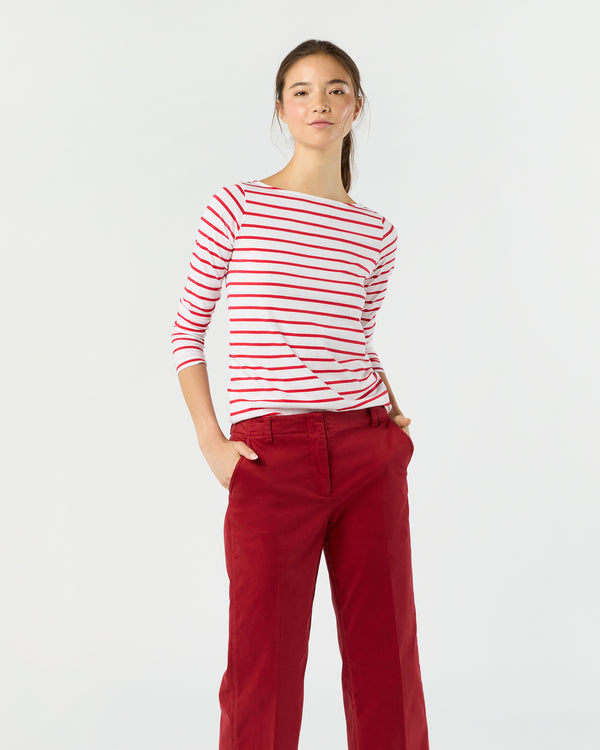 sid mashburn Long-Sleeved Boatneck Tee in White/Red Stripe Pima Cotton