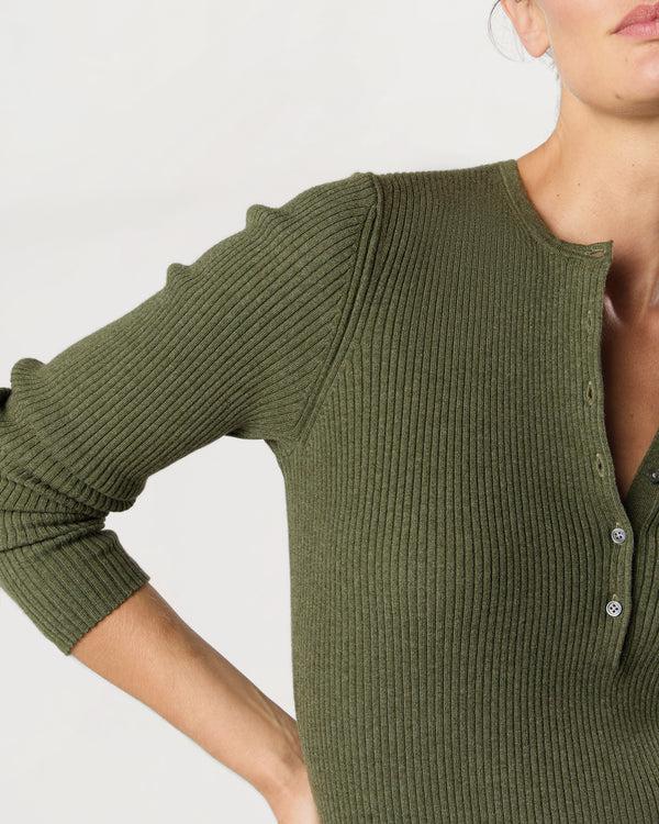 Sid Mashburn Long-Sleeved Nia Ribbed Henley In Covert Green Cotton/Silk