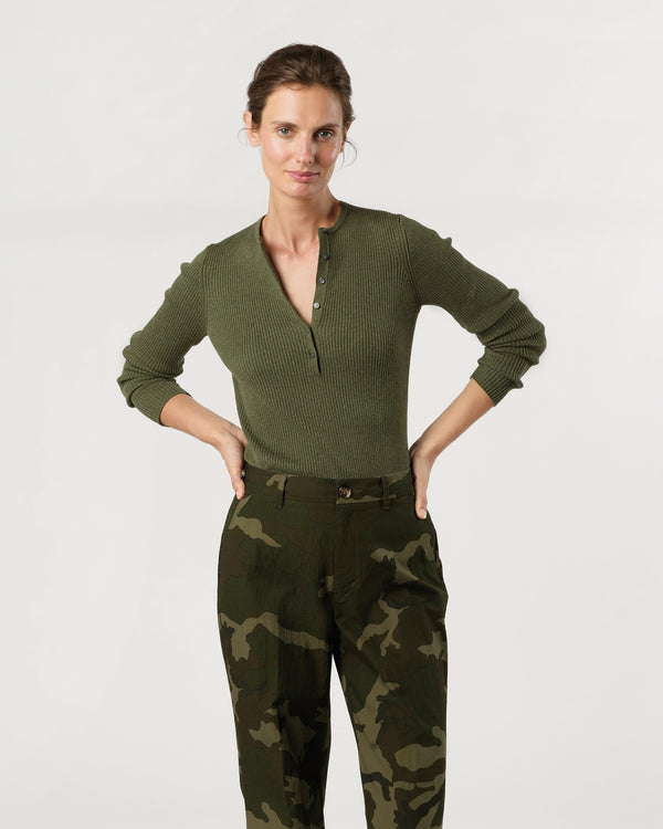 Sid Mashburn Long-Sleeved Nia Ribbed Henley In Covert Green Cotton/Silk