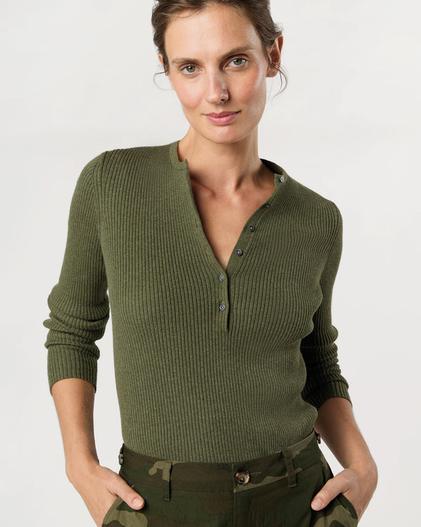 sid mashburn Long-Sleeved Nia Ribbed Henley in Covert Green Cotton/Silk