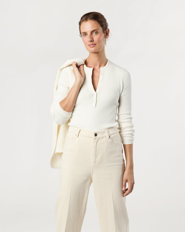 Sid Mashburn Long-Sleeved Nia Ribbed Henley In Ivory Cotton/Silk