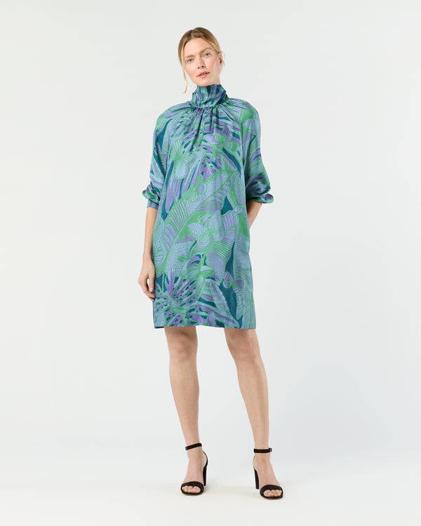 sid mashburn Maggie Dress in Purple/Green Butterfly Block Print Silk Twill