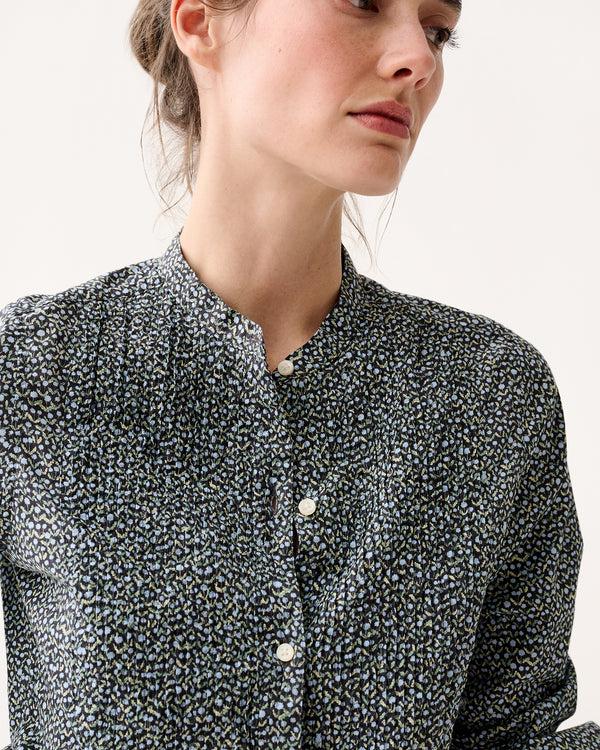 Sid Mashburn Mandarin Hattie Shirt In Navy/Green Mini Floral Printed Poplin